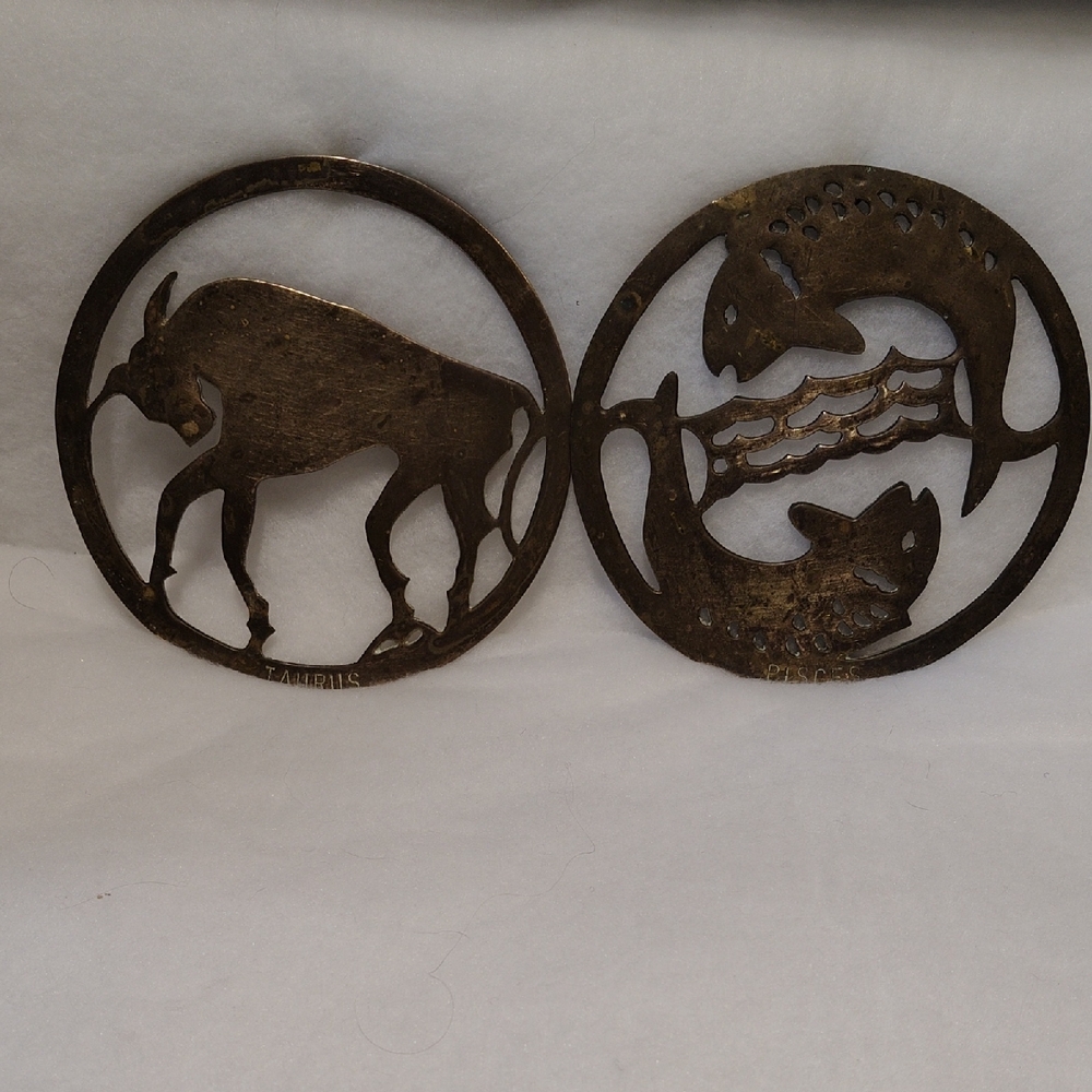 Source Unknown Brass-Colored Taurus & Pisces Zodiac Wall Plaques